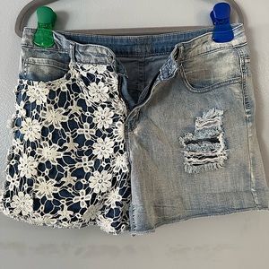 Distressed Lightwash Jean Shorts with Lace Overlay Size 13/14